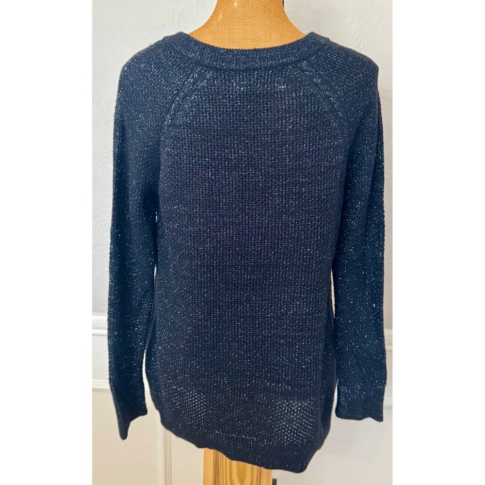 Loft Black Metallic Sparkle Knit Sweater Crew Neck High Low Hem Raglan Sleeve